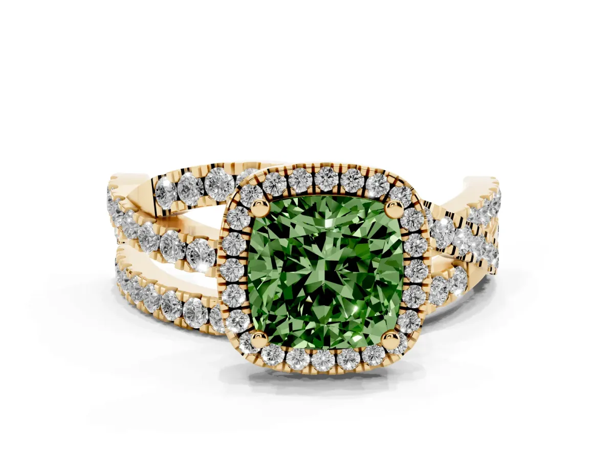 Fancy Green Cushion Cut Diamond Halo Ring with Round Split Shank and Prong Setting Yellow gold