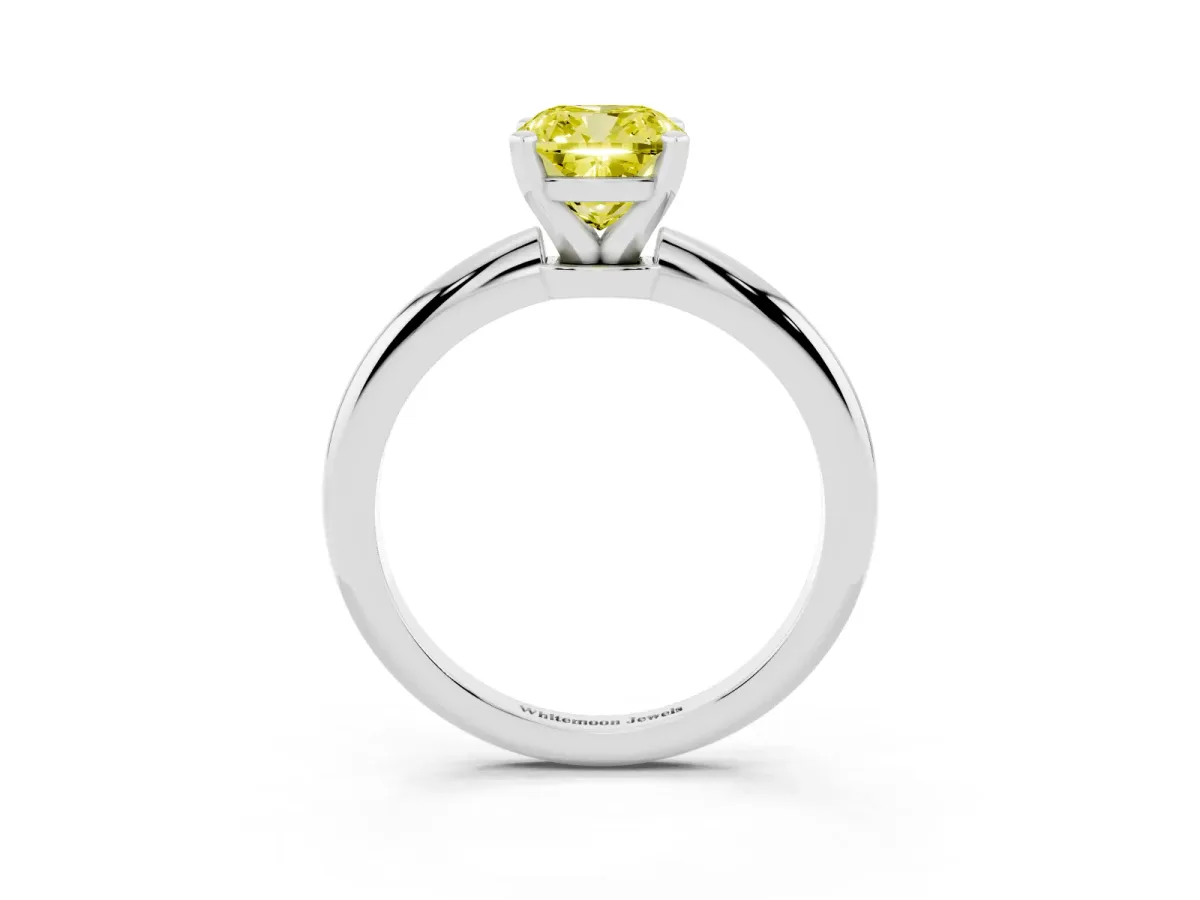 Fancy Yellow Cushion Cut Diamond Solitaire Ring with Prong Setting and Classic Band White gold