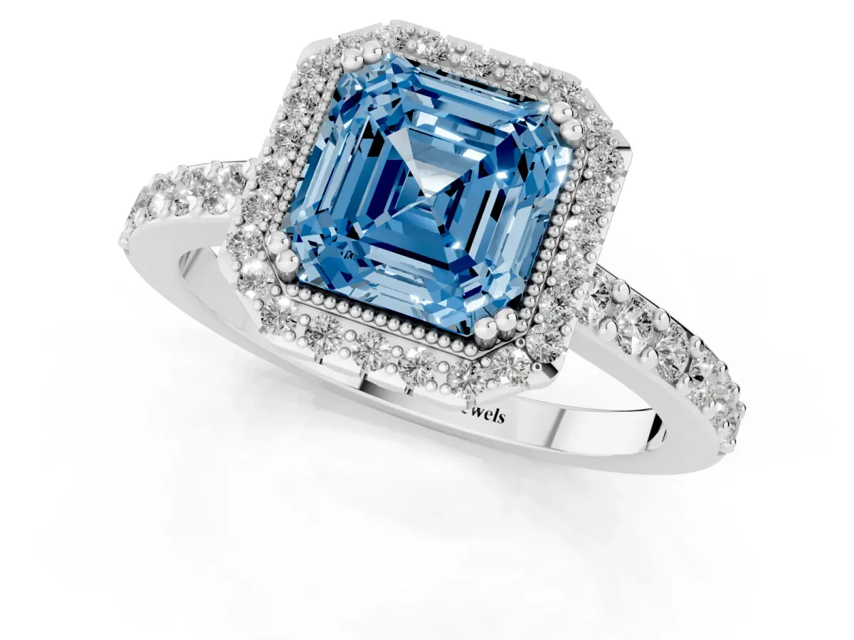 Fancy Blue Asscher Cut Cut Diamond Halo Engagement Ring with Milgrain Detail and Pavé Band Platinum