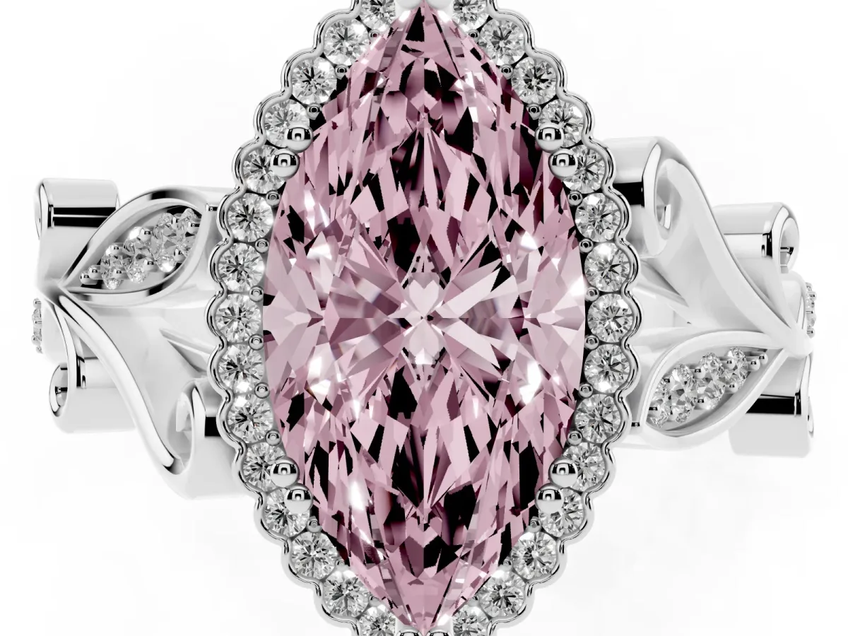 Fancy Pink Marquise Cut Diamond Halo Ring with Vintage Split Shank and Four-Prong Setting Platinum