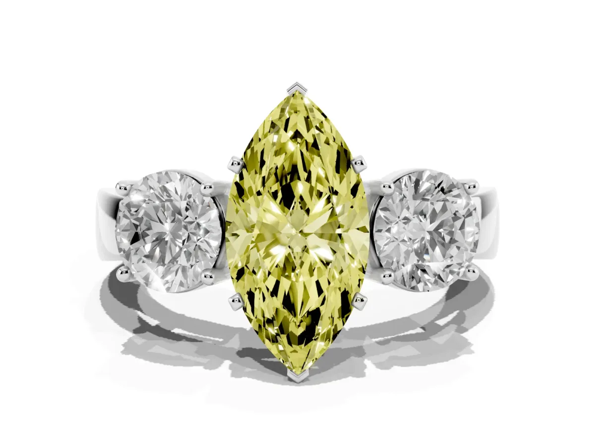 Fancy Yellow Three-Stone Marquise Cut Diamond Ring with Round Side Stones, Classic Band, and Four-Prong Setting White gold