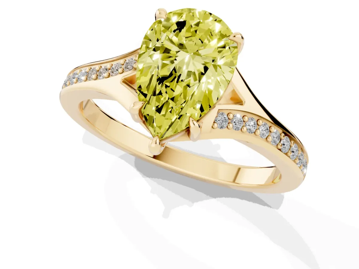Fancy Yellow Pear Cut Diamond Solitaire Ring with Pavé Band and Prong Setting Yellow gold