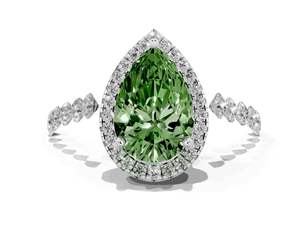 Fancy Green Pear Cut Halo Pavé Diamond Engagement Ring with Four-Prong Setting Platinum