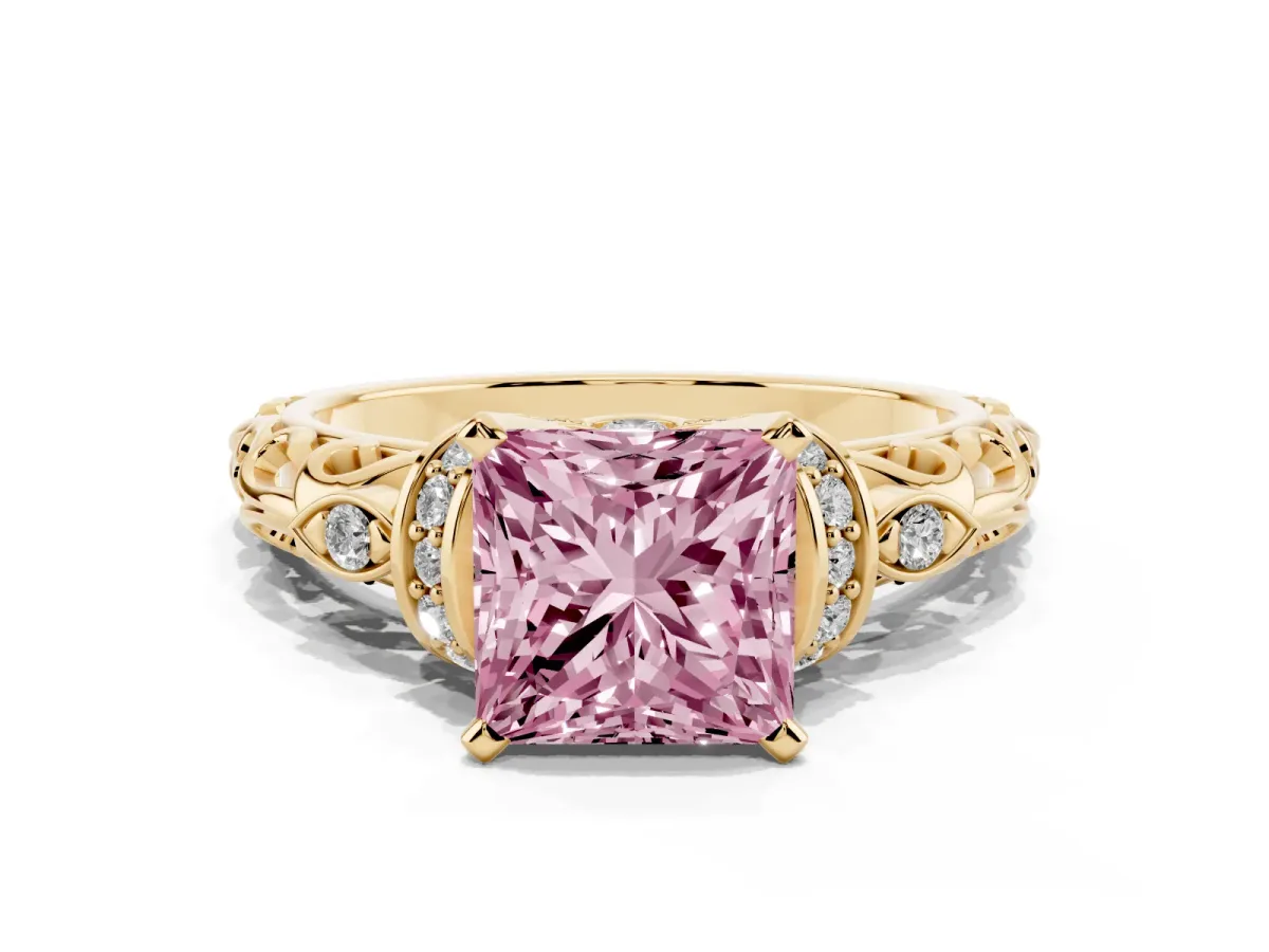 Fancy Pink Princess Cut Diamond Solitaire Ring with Filigree Band and Four-Prong Setting Yellow gold