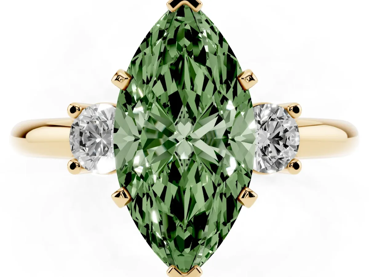 Fancy Green Three-Stone Marquise Cut Cut Diamond Solitaire with Prong Setting and Classic Band Yellow gold