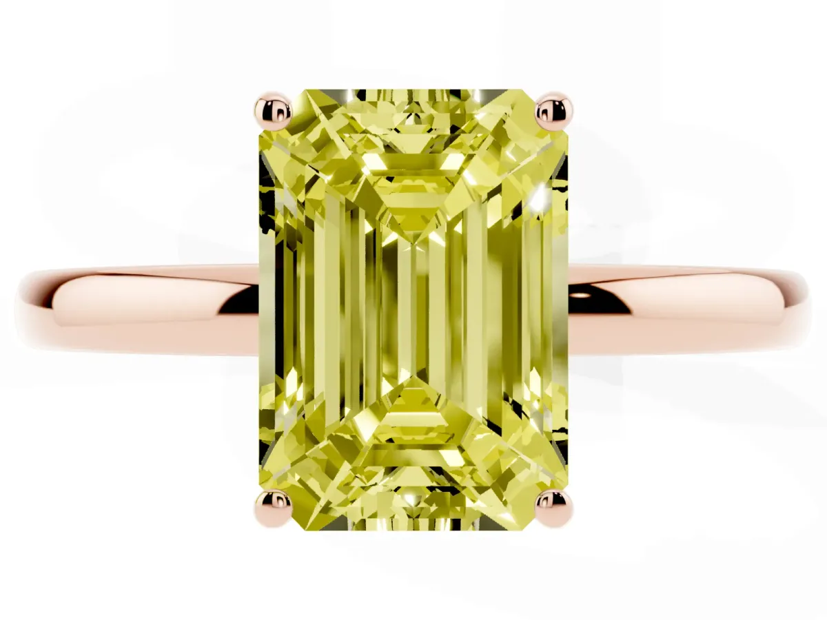 Fancy Yellow Emerald Cut Solitaire Diamond Ring with Prong Setting and Plain Band Rose gold