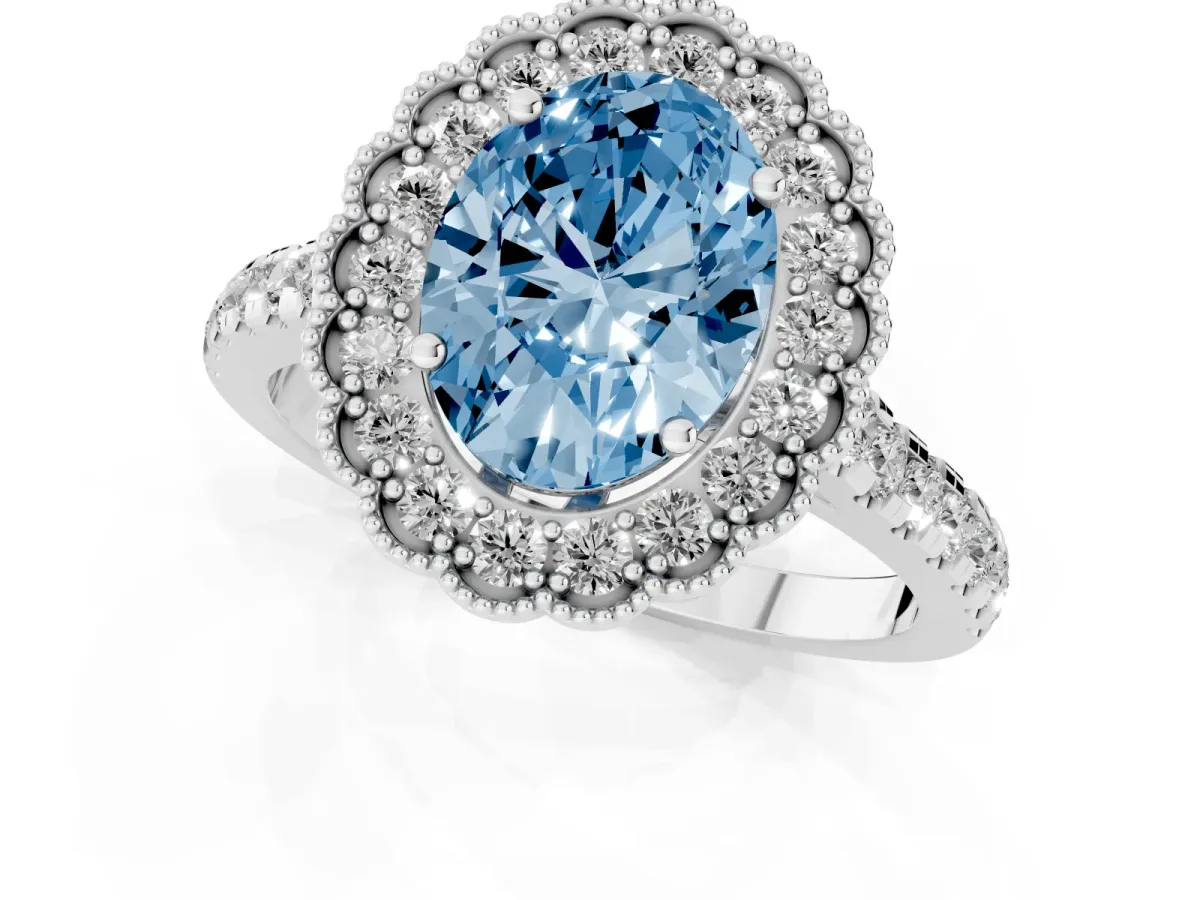 Fancy Blue Oval Cut Cut Diamond Milgrain Floral Halo Engagement Ring with Pavé Band White gold