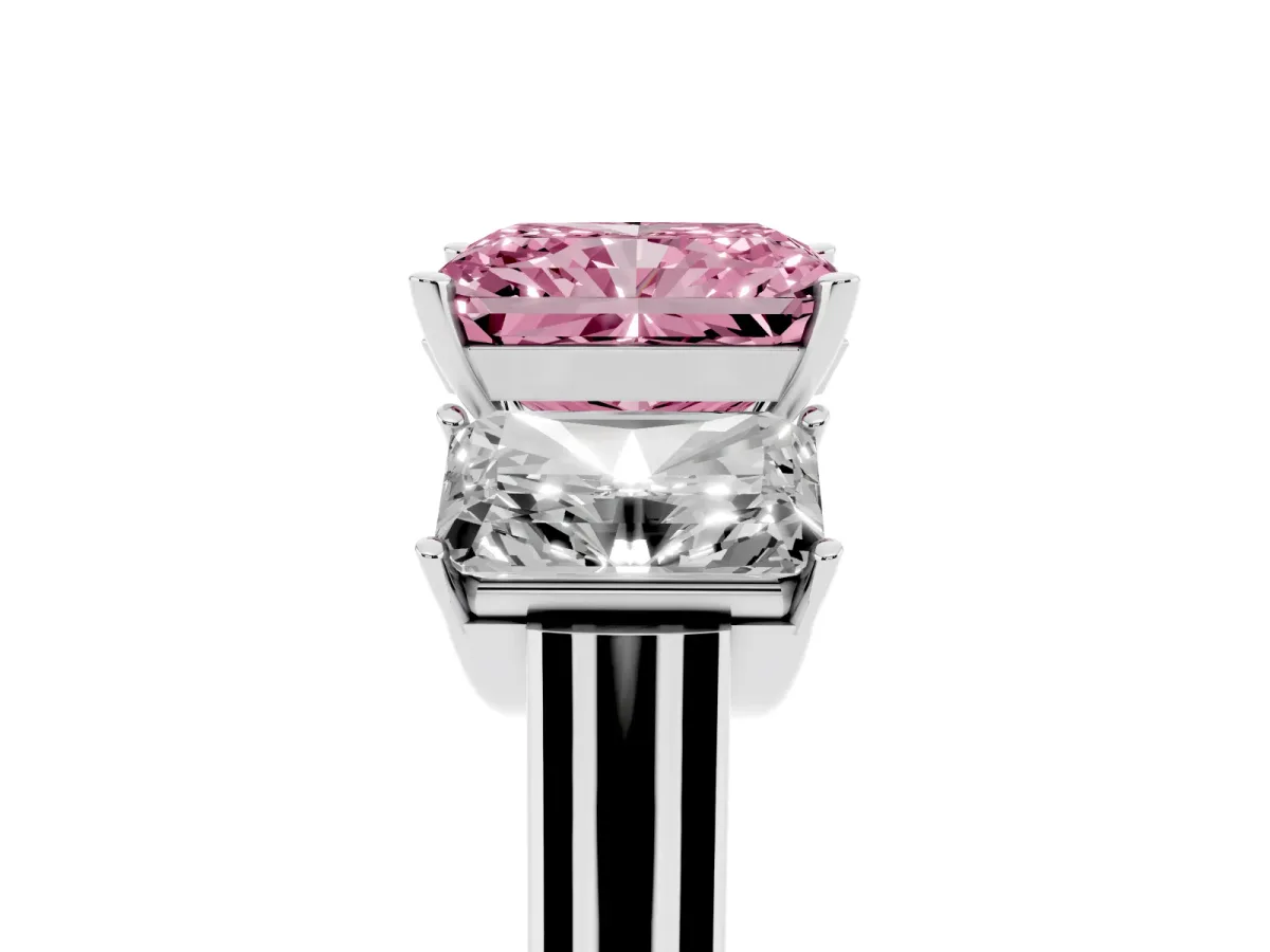 Fancy Pink Three-Stone Radiant Cut Brilliant Diamond Trellis Ring with Comfort Fit Band Silver