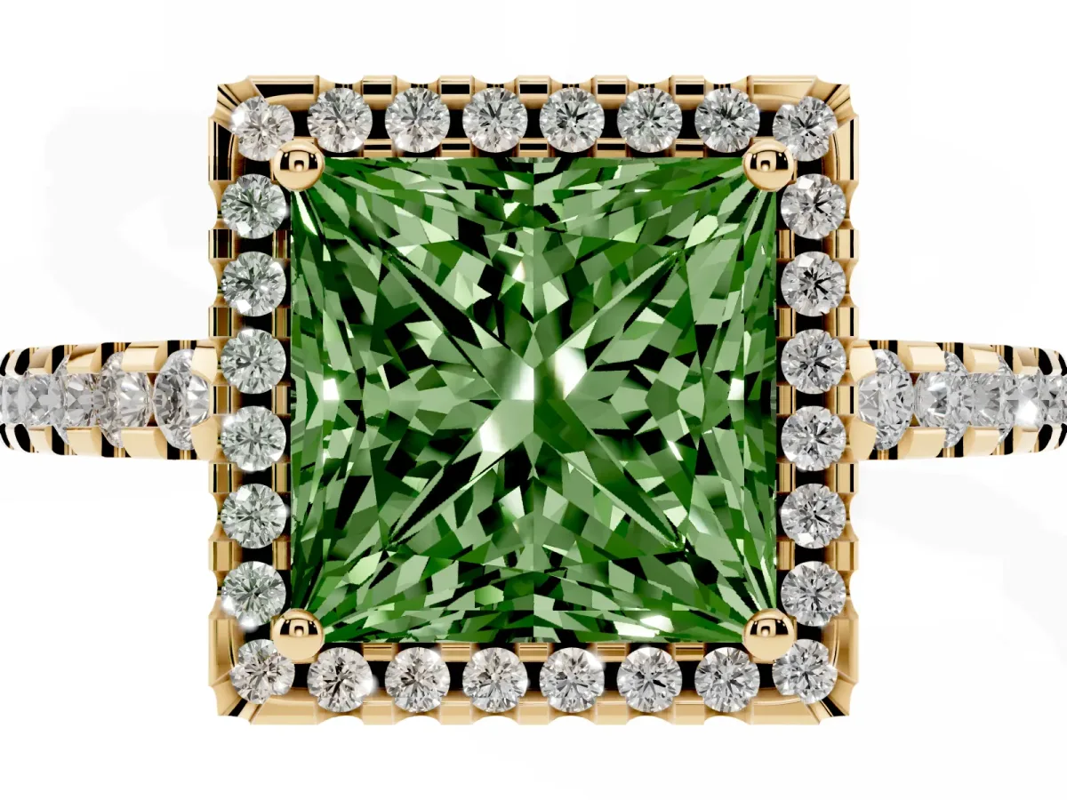 Fancy Green Princess Cut Diamond Halo Engagement Ring with Pavé Band and Prong Setting Yellow gold