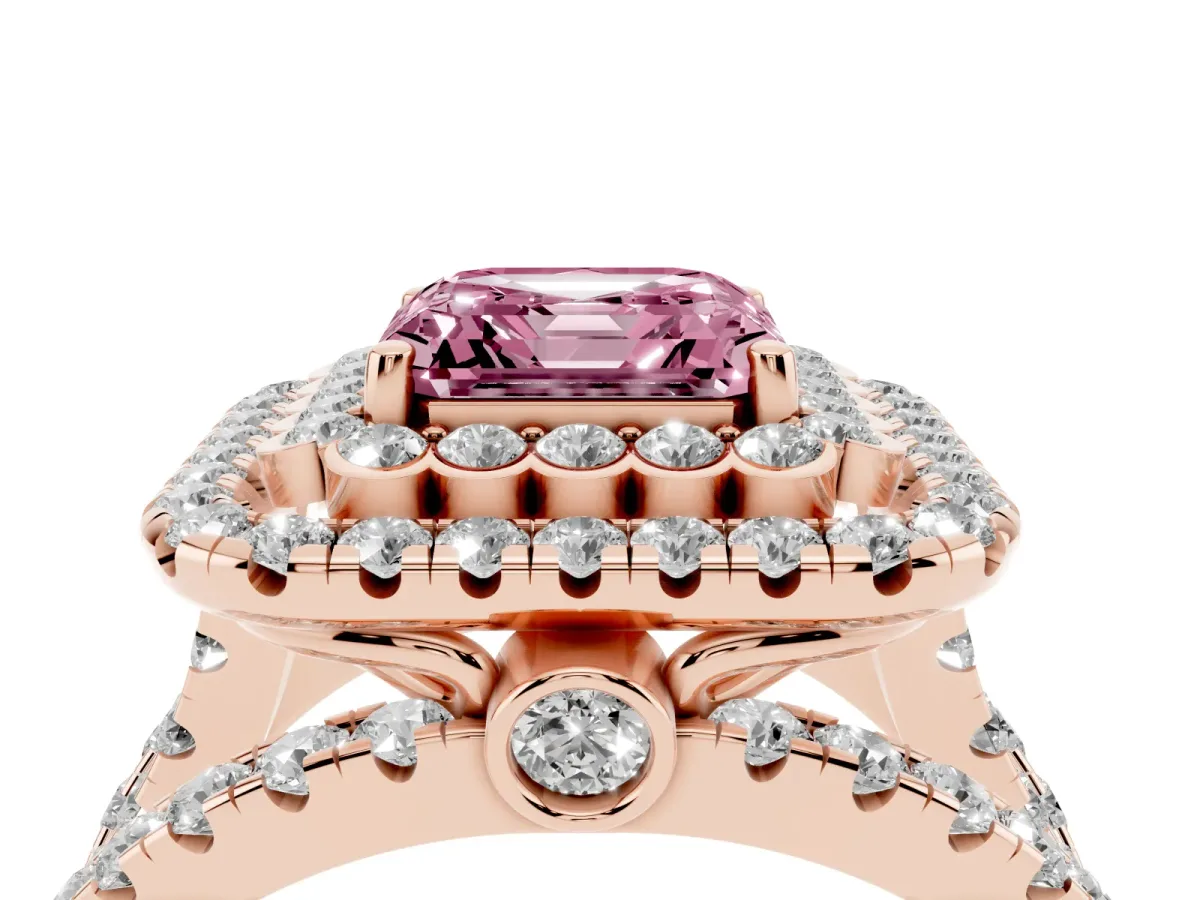 Fancy Pink Asscher Cut Diamond Double Halo Ring with Round Pavé Split Shank and Prong Setting Rose gold