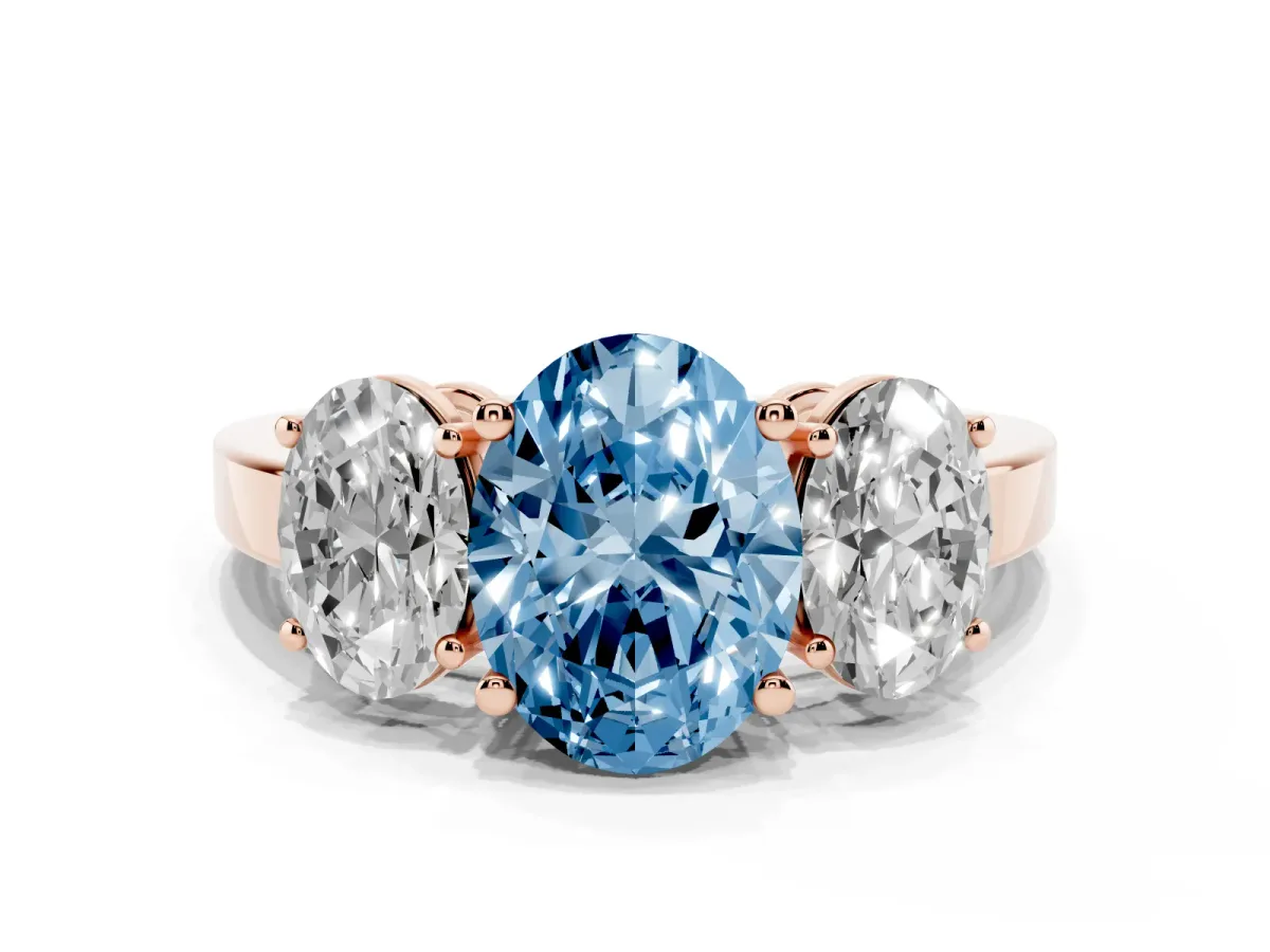 Fancy Blue Three-Stone Oval Cut Cut Diamond Engagement Ring with Flat Band and Four-Prong Setting Rose gold