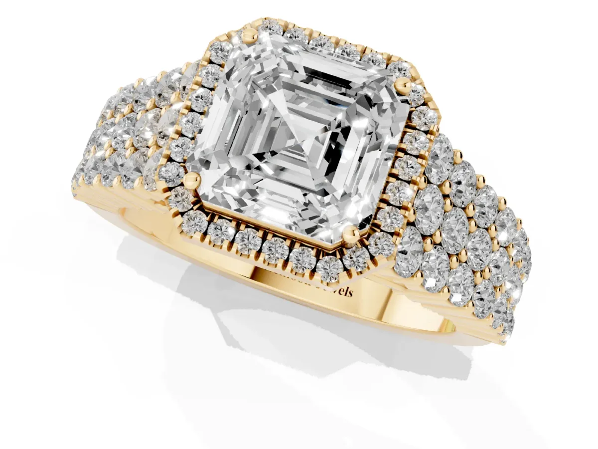 Asscher Cut Diamond Halo Engagement Ring with Triple Row Round Pavé Band and Prong Setting Yellow gold