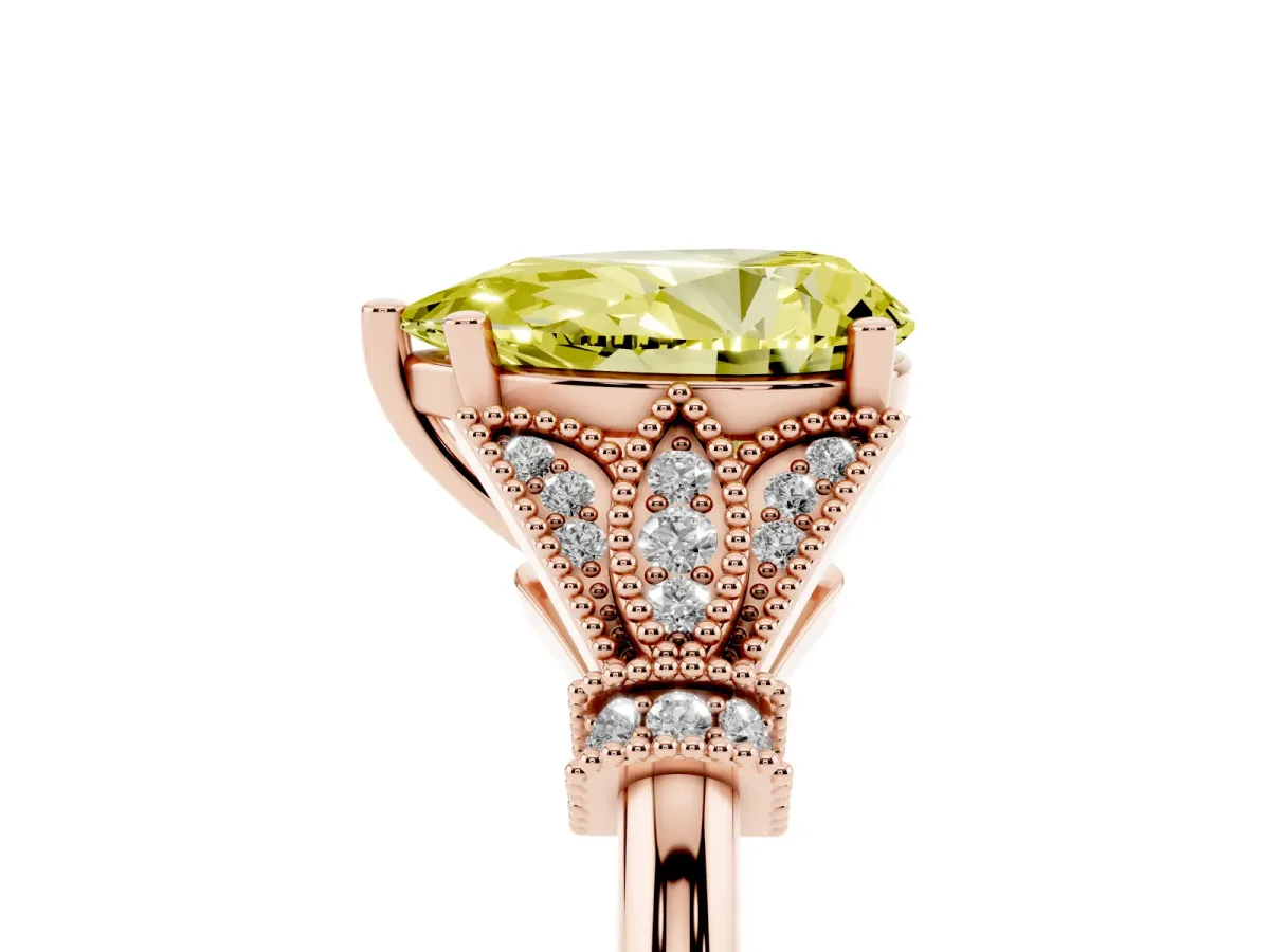 Fancy Yellow Pear Cut Diamond Solitaire Ring with Floral Filigree and Pave Accents Rose gold
