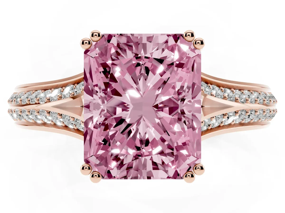 Fancy Pink Radiant Cut Diamond Split Shank Engagement Ring with Pavé Band Rose gold