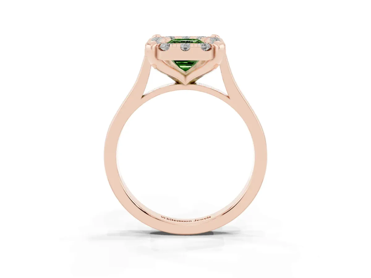 Fancy Green Emerald Cut Diamond Cluster Halo Solitaire with Four-Prong Setting Rose gold