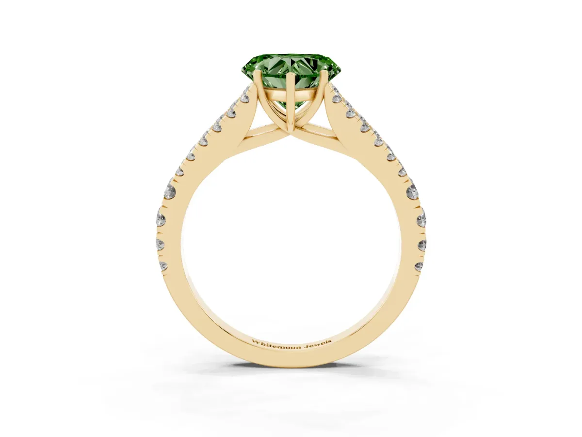Fancy Green Heart Cut Diamond Split Shank Engagement Ring with Round Pavé and Prong Setting Yellow gold