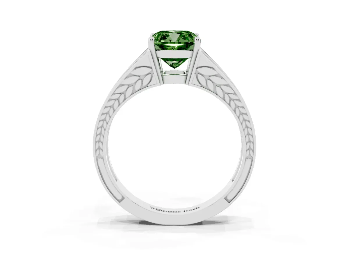 Fancy Green Cushion Cut Diamond Split Shank Ring with Pavé Band and Four-Prong Setting Silver