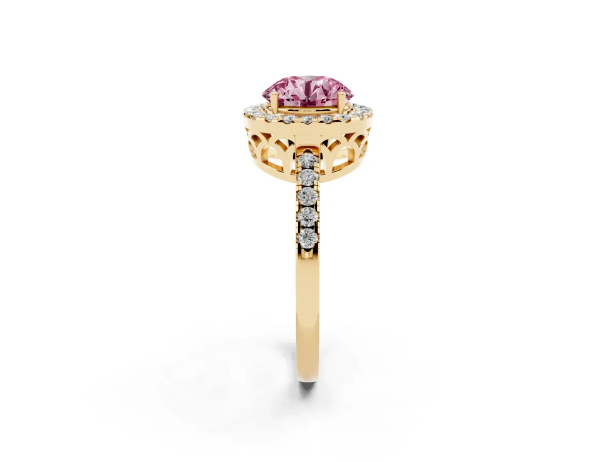 Fancy Pink Round Cut Halo Diamond Engagement Ring with Pavé Band and Four-Prong Setting Yellow gold