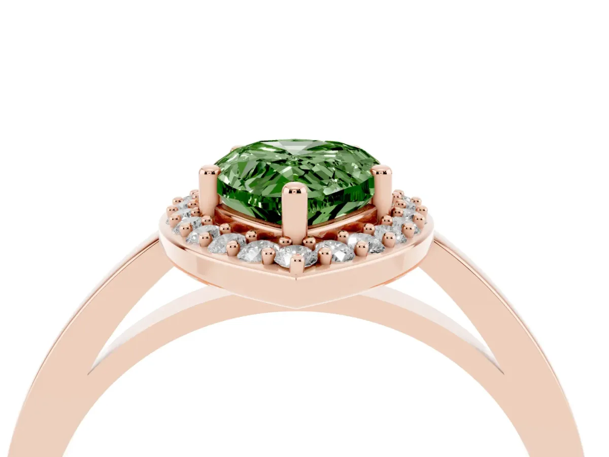 Fancy Green Pear Cut Halo Diamond Ring with Solitaire Band and Prong Setting Rose gold