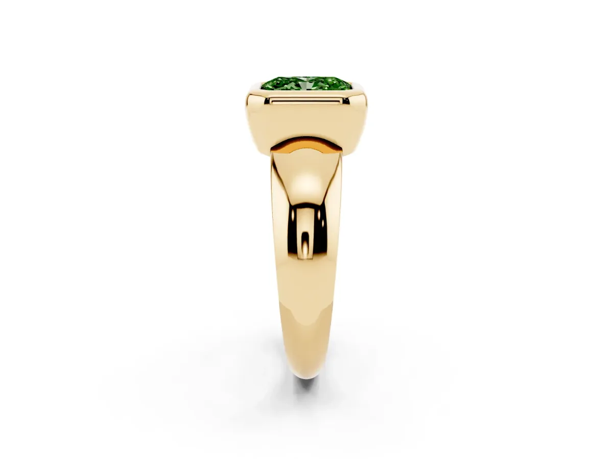 Fancy Green Bezel Set Radiant Cut Solitaire Ring with Wide Band Yellow gold