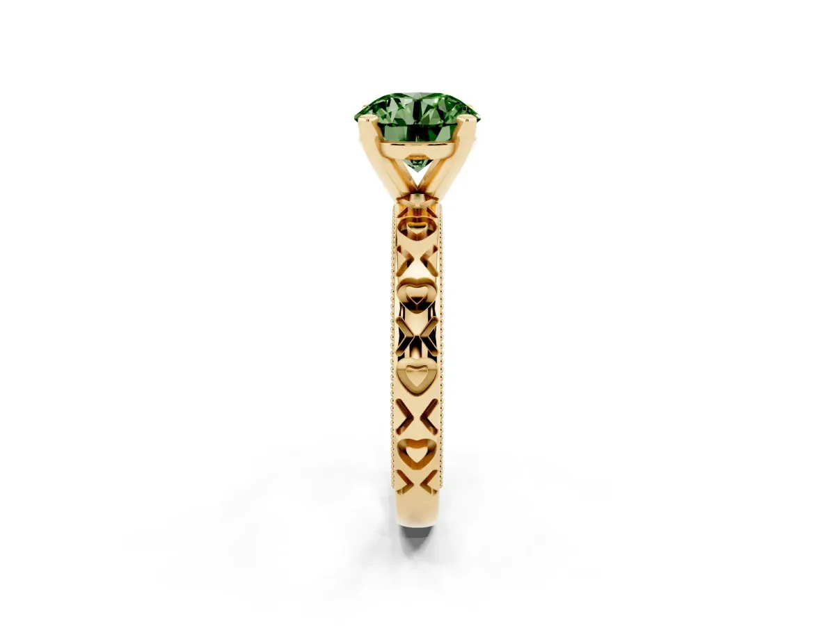 Fancy Green Round Cut Solitaire Diamond Engagement Ring with XO Engraved Band and Four-Prong Setting Yellow gold