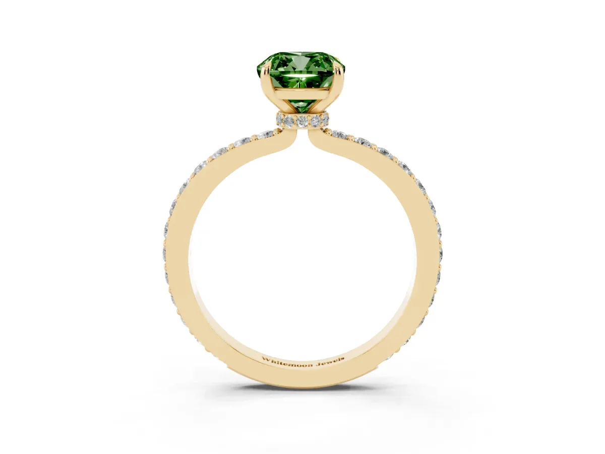 Fancy Green Cushion Cut Diamond Pavé Engagement Ring with Round Accents and Prong Setting Yellow gold