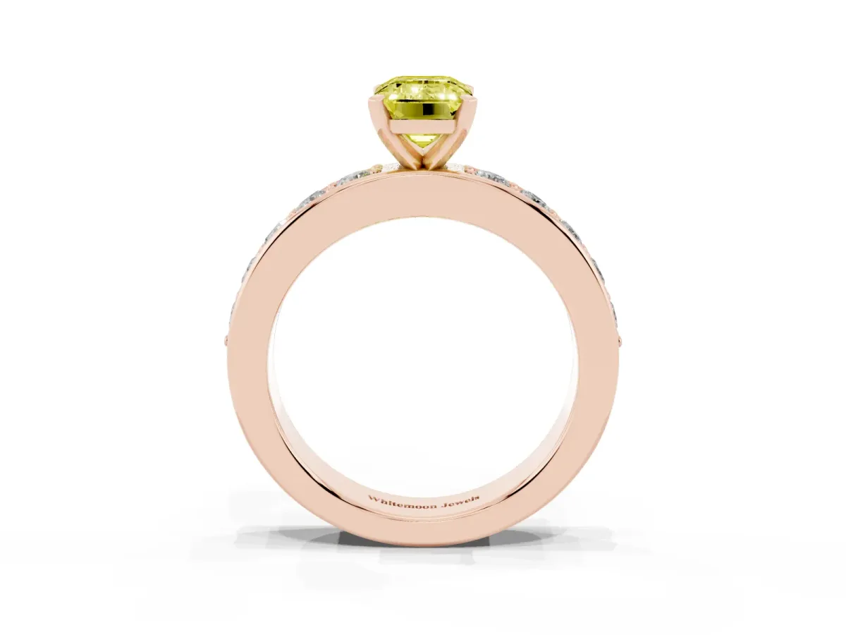 Fancy Yellow Emerald Cut Diamond Engagement Ring with Channel Set Round Band and Prong Setting Rose gold