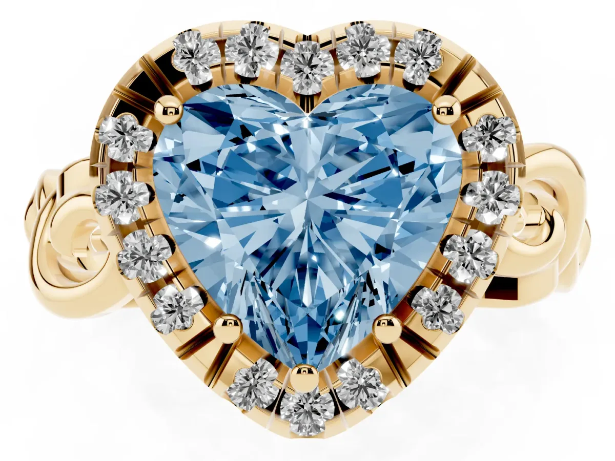 Fancy Blue Heart Cut Cut Halo Diamond Ring with Scrollwork Band and Four-Prong Setting Yellow gold