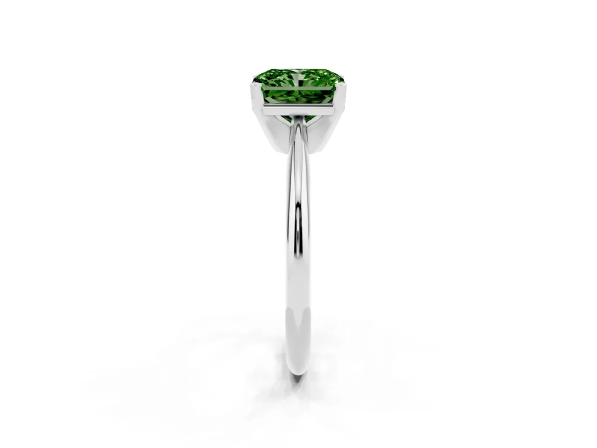 Fancy Green Radiant Cut Cut Solitaire Ring with Four-Prong Setting on a Classic Band Silver