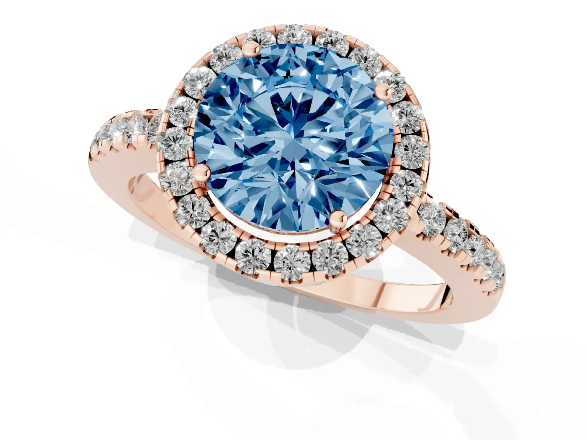 Fancy Blue Round Cut Halo Diamond Engagement Ring with Pavé Band and Four-Prong Setting Rose gold