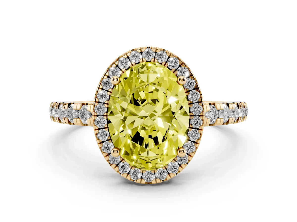 Fancy Yellow Oval Cut Diamond Halo Ring with Pavé Band and Four-Prong Setting Yellow gold