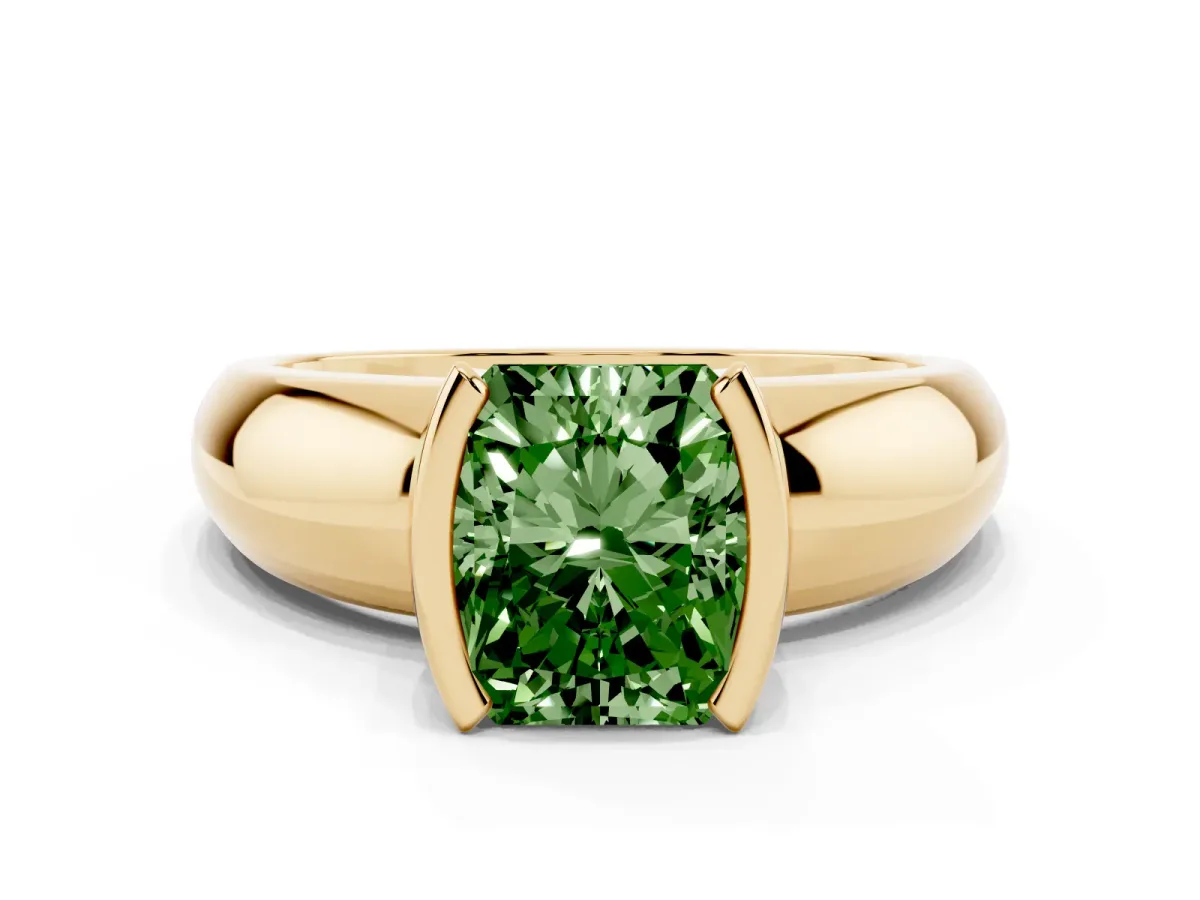 Fancy Green Radiant Cut Solitaire Tension Set Diamond Ring with Wide Band Yellow gold
