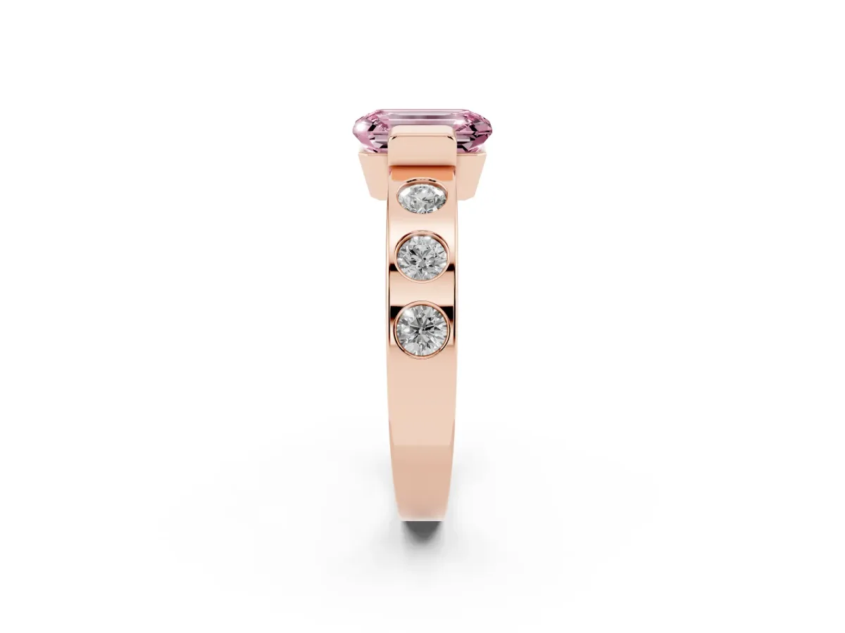 Fancy Pink Emerald Cut Brilliant Channel-Set Diamond Ring with Bezel Prong Setting Rose gold