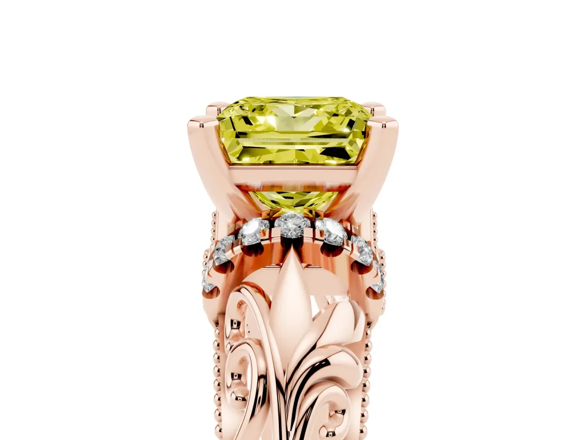 Fancy Yellow Princess Cut Solitaire Filigree Engagement Ring with Halo and Prong Setting Rose gold