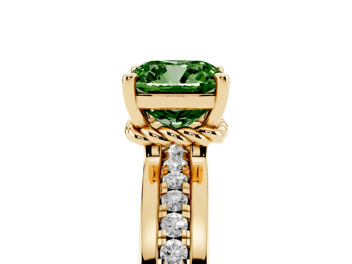 Fancy Green Cushion Cut Solitaire Diamond Ring with Channel Set Band and Six-Prong Setting Yellow gold