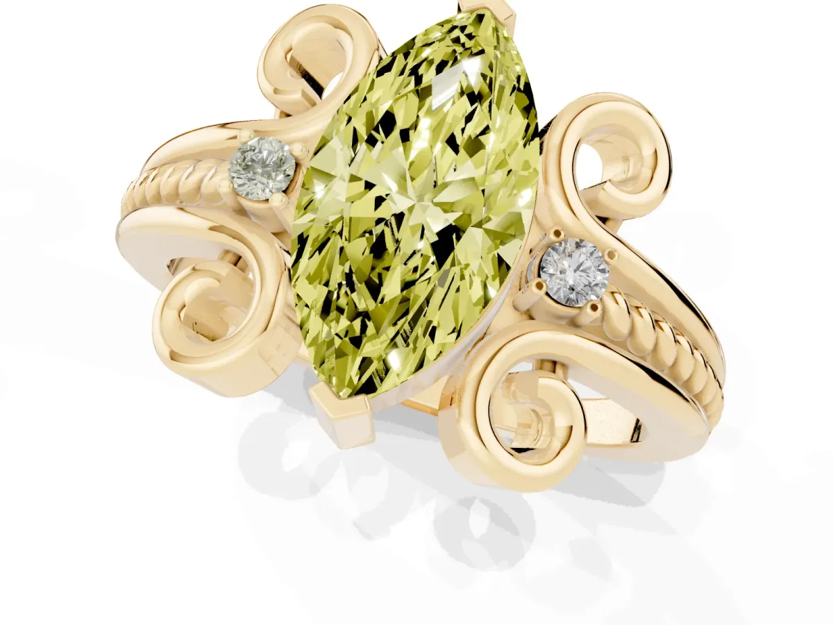 Fancy Yellow Marquise Cut Solitaire Twisted Band Scroll Prong Ring Yellow gold