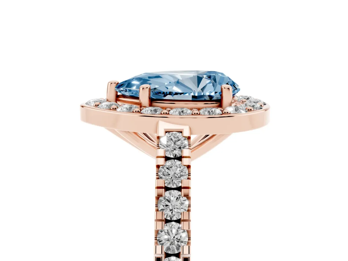 Fancy Blue Pear Cut Diamond Halo Ring with Round Pavé Split Shank and Prong Setting Rose gold