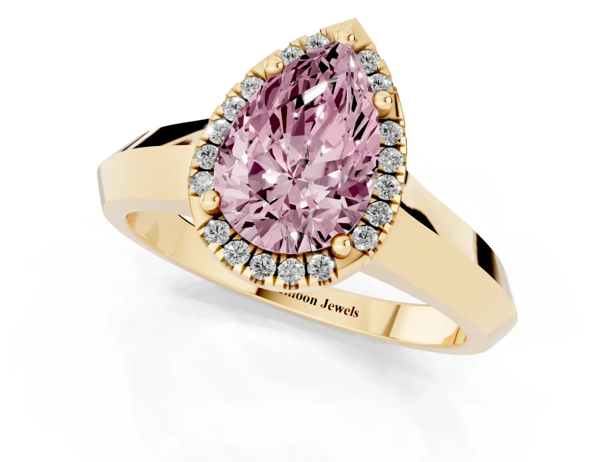 Fancy Pink Pear Cut Halo Diamond Ring with Cathedral Band and Four-Prong Setting Yellow gold