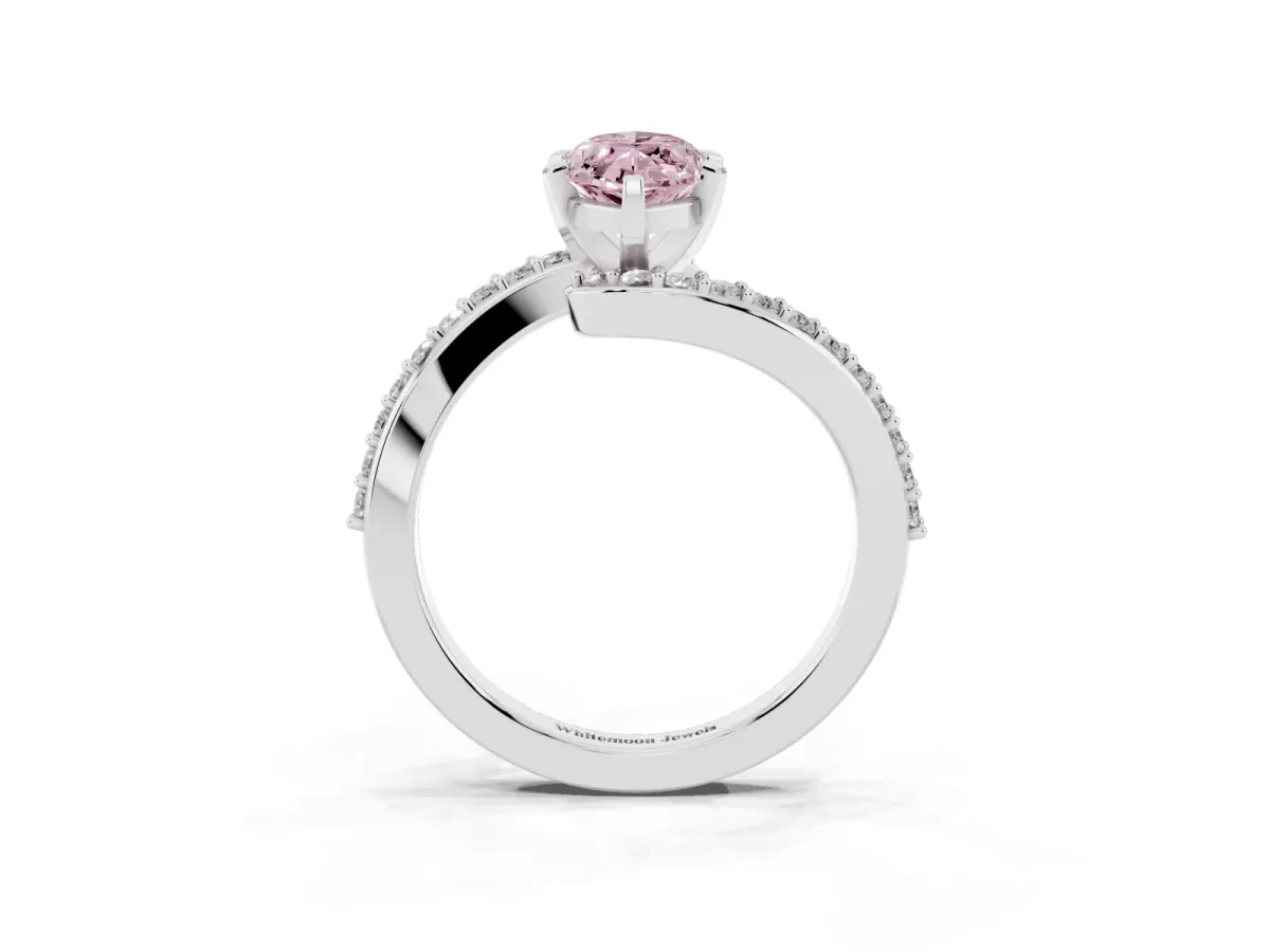 Fancy Pink Marquise Cut Solitaire Twist Band with Pave Set Diamonds and Four-Prong Setting Platinum