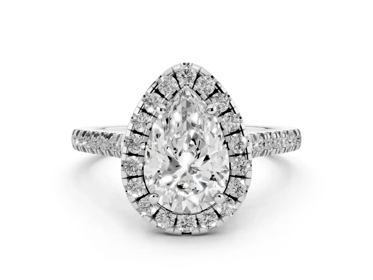 Pear Cut Diamond Cushion Halo Ring with Pavé Band Silver