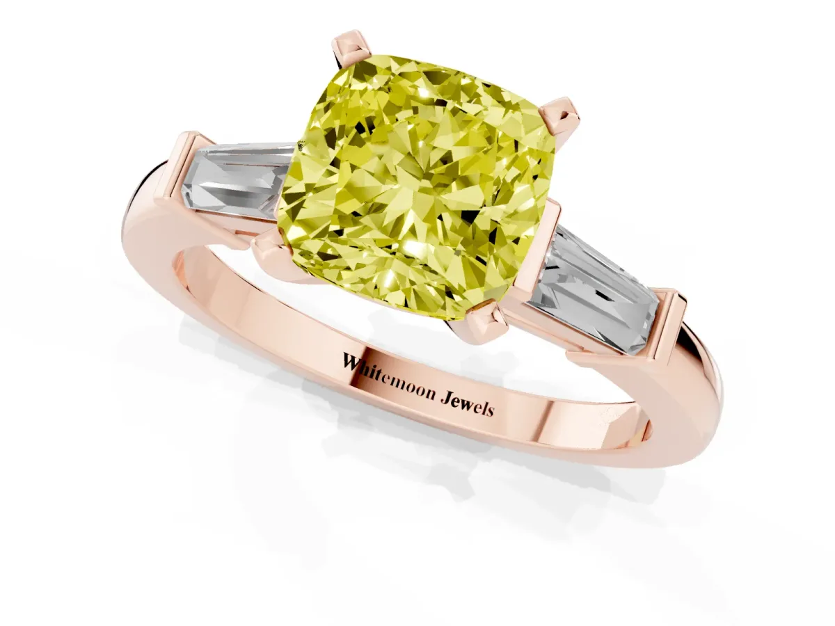 Fancy Yellow Cushion Cut Cut Diamond Solitaire Ring with Tapered Baguette Accents and Four-Prong Setting Rose gold
