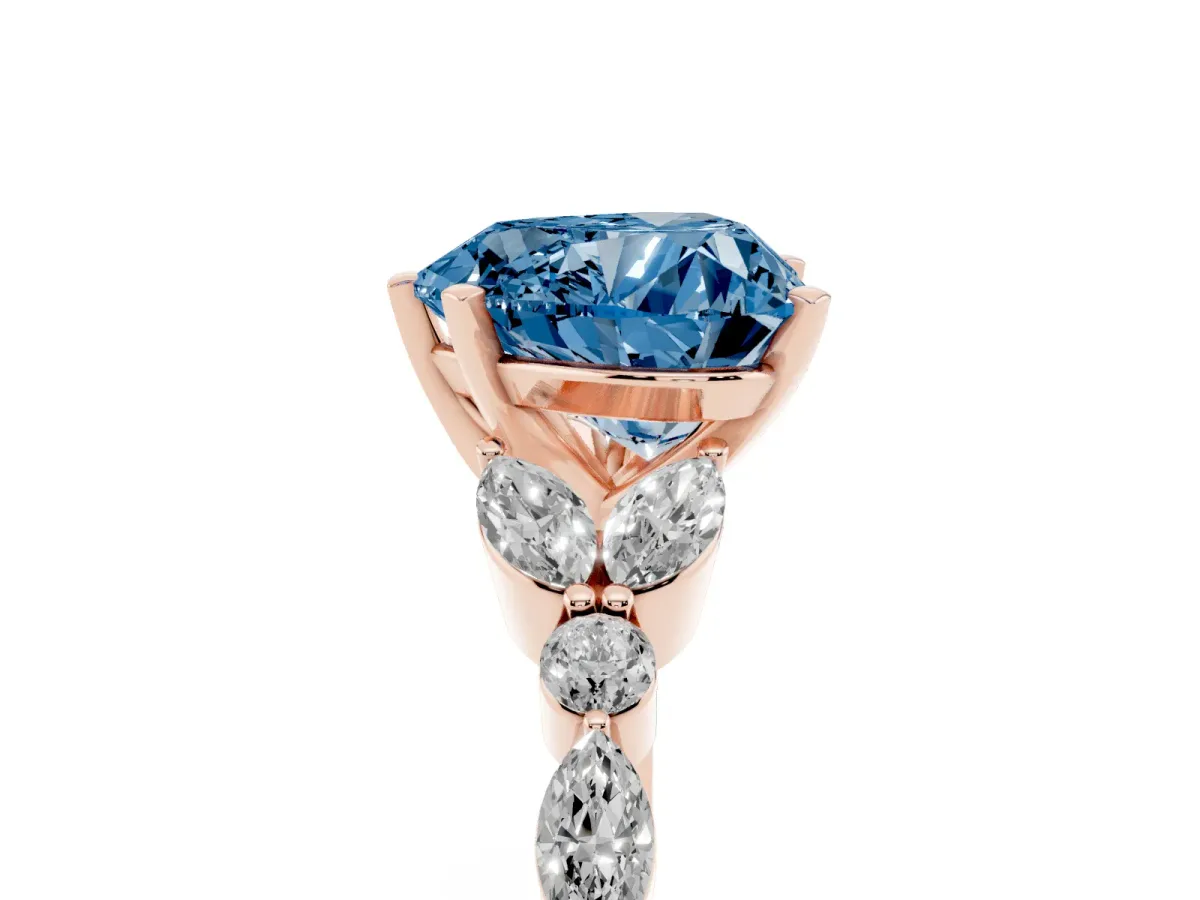 Fancy Blue Heart Cut Diamond Solitaire Ring with Side Stones and Four-Prong Setting Rose gold