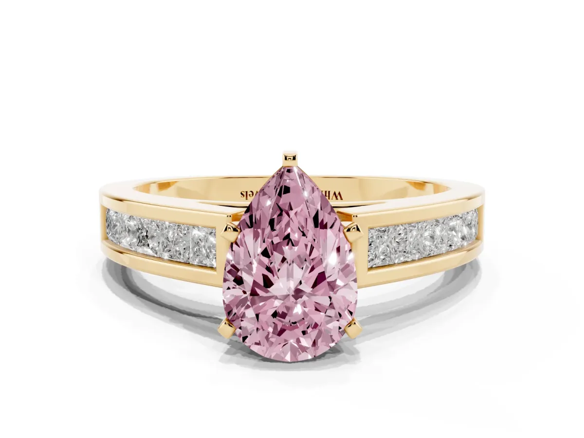 Fancy Pink Pear Cut Solitaire Diamond Ring with Channel-Set Band and Four-Prong Setting Yellow gold