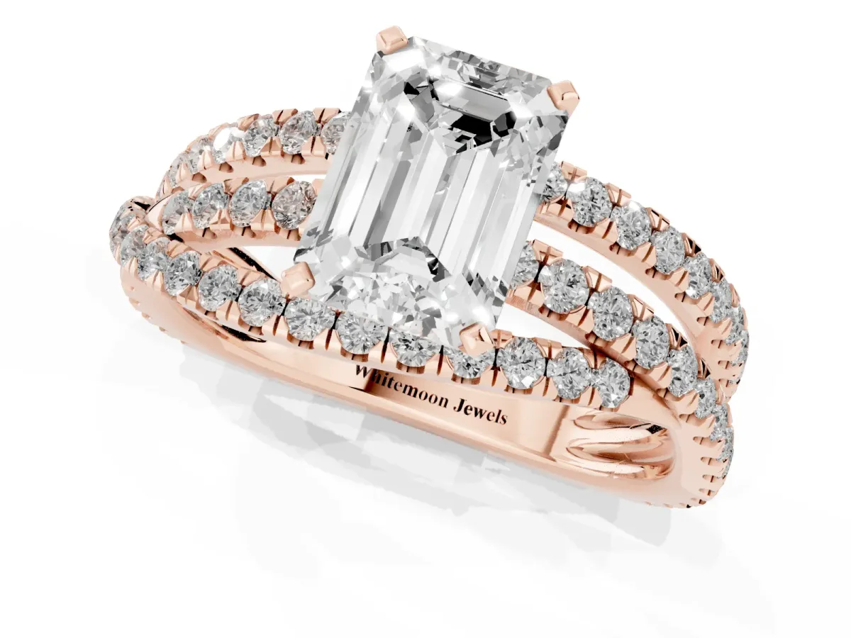 Emerald Cut Solitaire Twist Band with Pavé Setting and Four-Prong Setting Rose gold