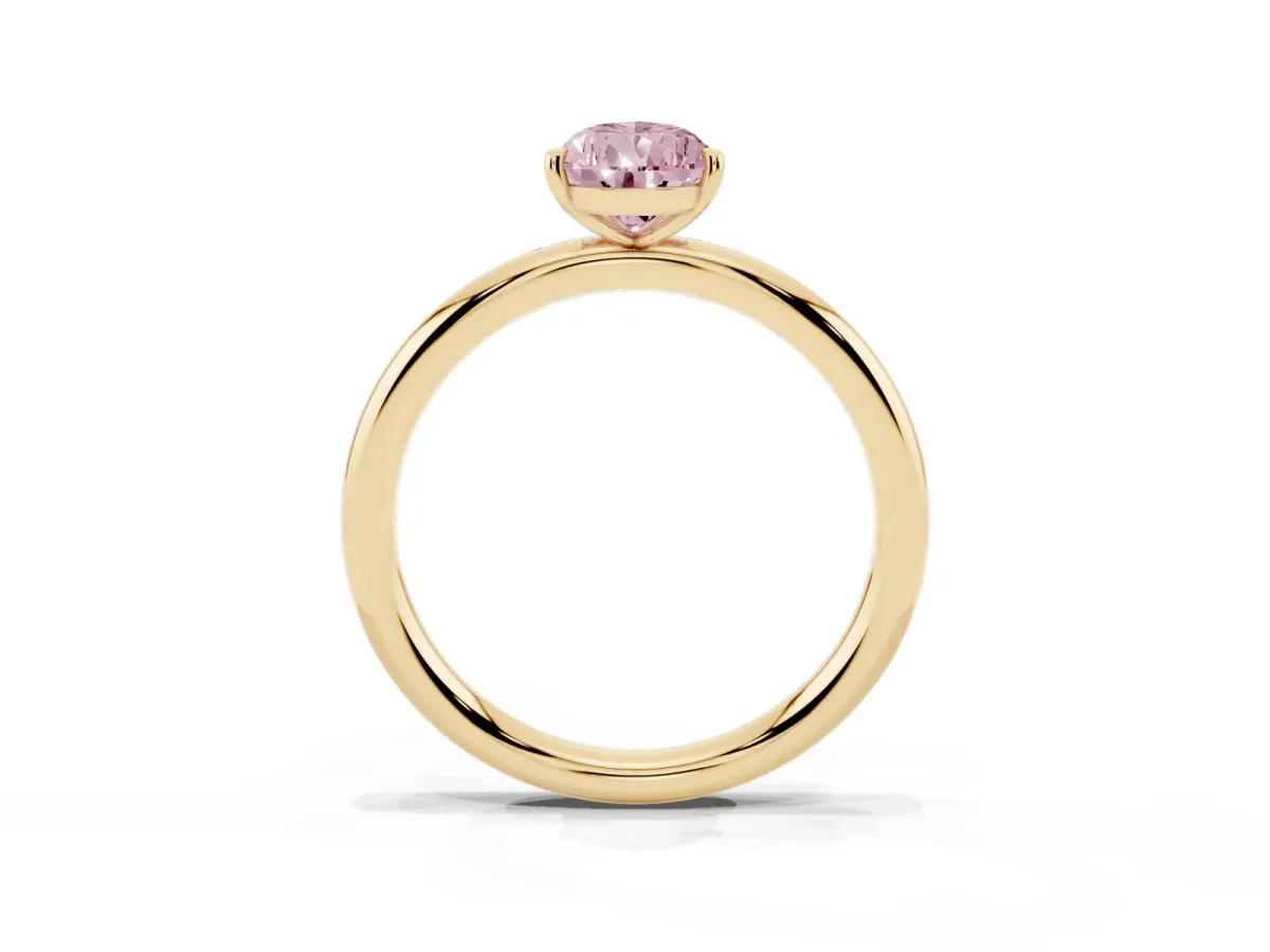 Fancy Pink Pear Cut Solitaire Diamond Ring with Four-Prong Setting on a Plain Band Yellow gold