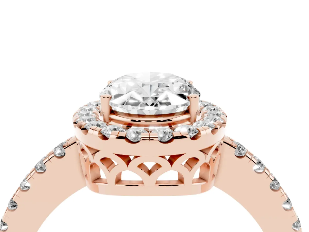 Oval Cut Halo Diamond Engagement Ring with Pavé Band and Four-Prong Setting Rose gold