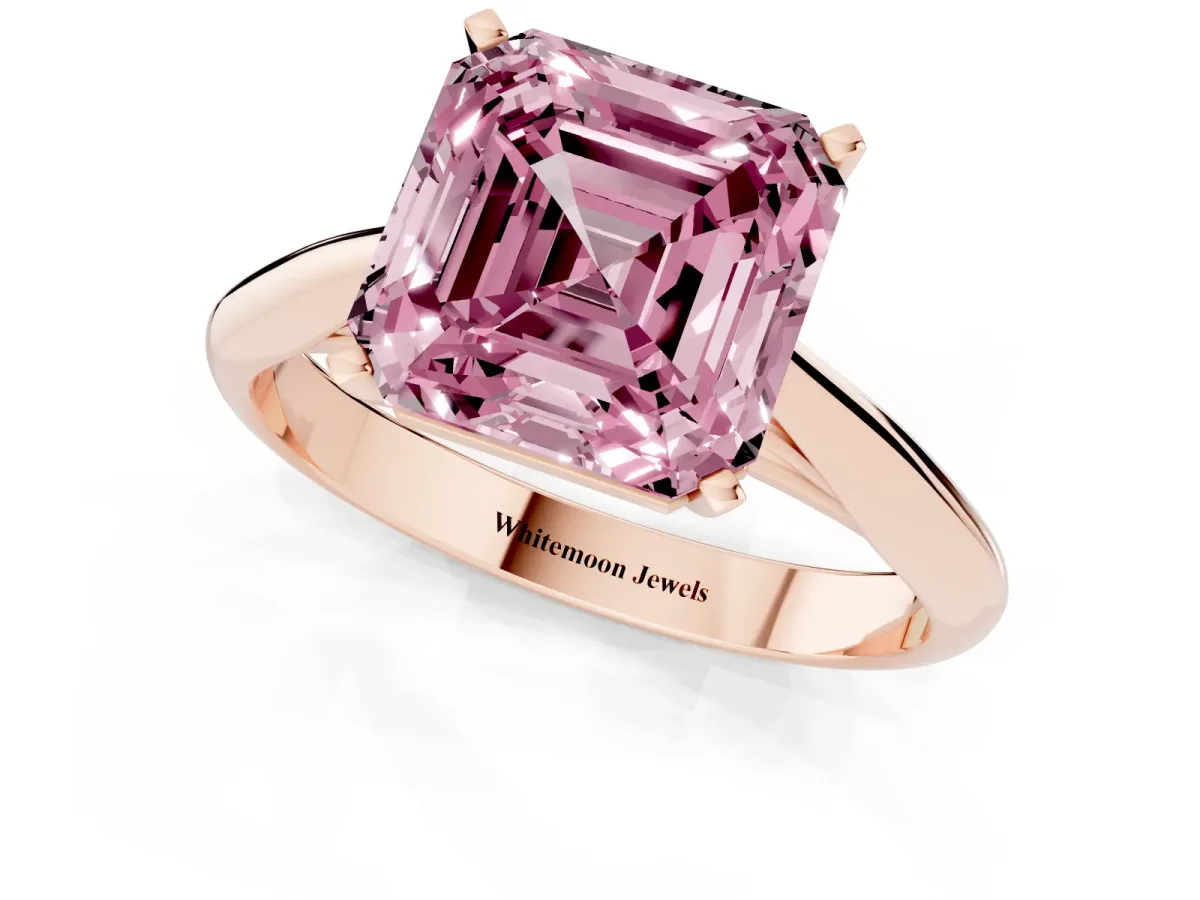 Fancy Pink Asscher Cut Diamond Solitaire Engagement Ring with Cathedral Setting and Four-Prong Mount Rose gold