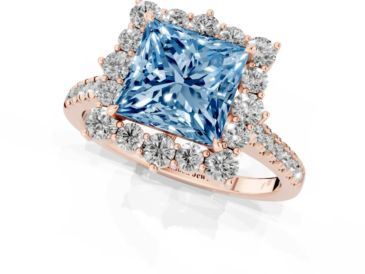 Fancy Blue Princess Cut Halo Diamond Ring with Pavé Band and Prong Setting Rose gold