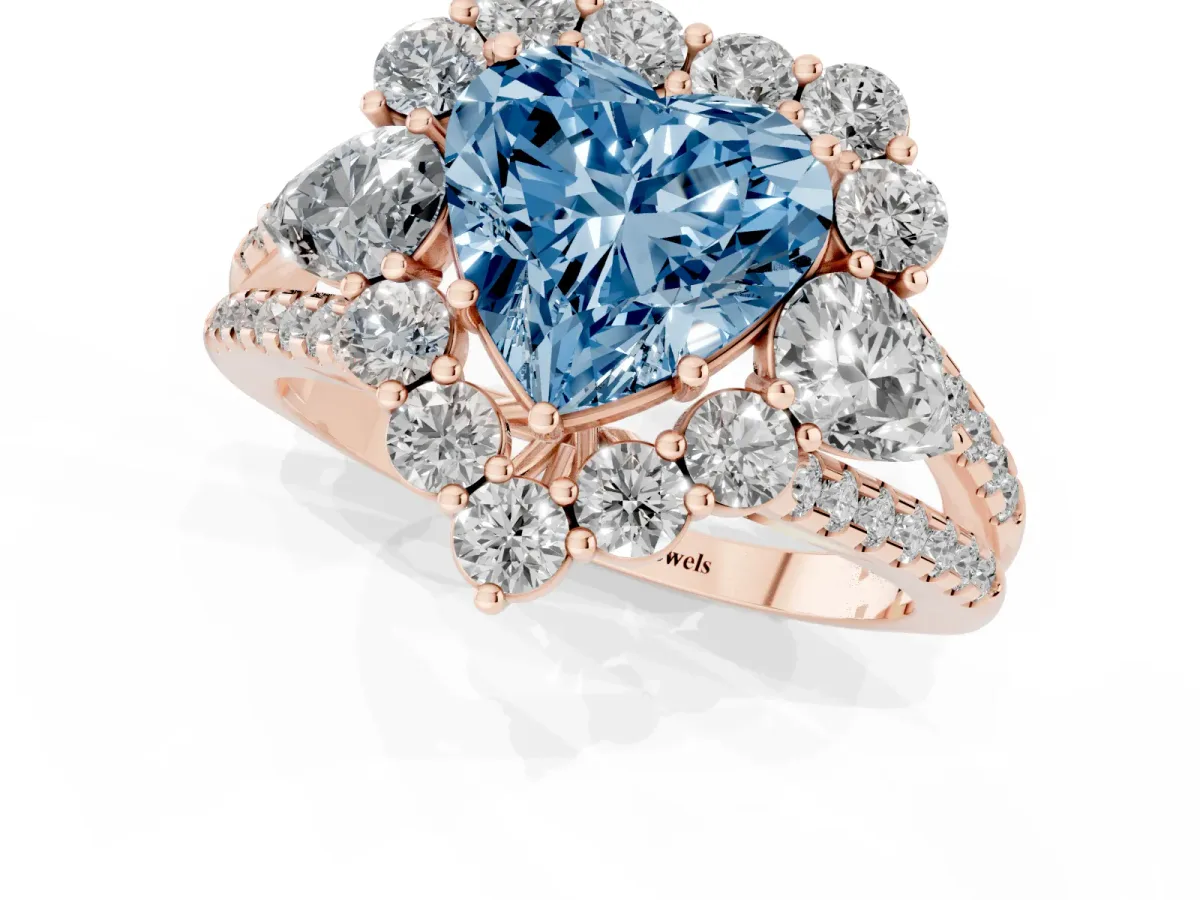 Fancy Blue Heart Cut Halo Split Shank Diamond Engagement Ring with Prong Setting Rose gold