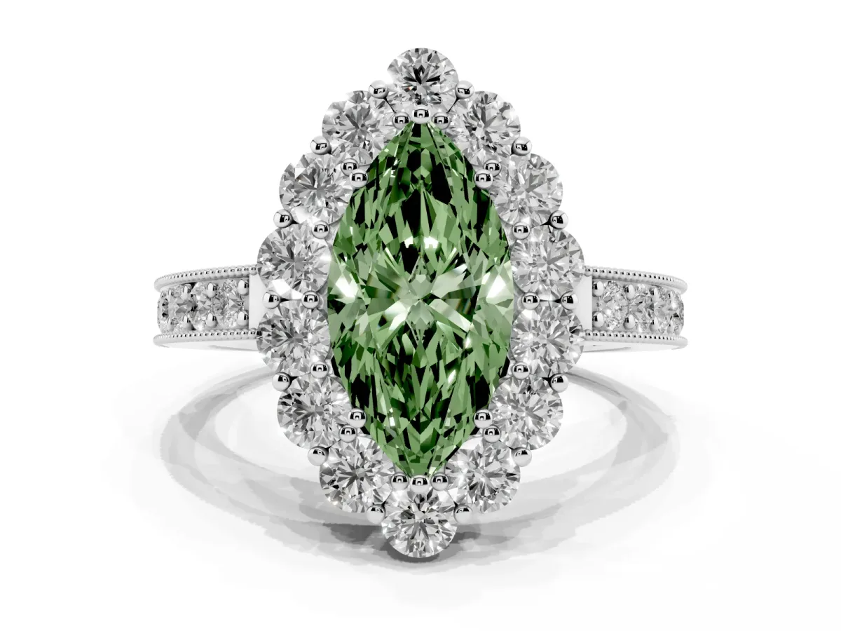 Fancy Green Marquise Cut Cut Halo Diamond Pavé Engagement Ring with Milgrain Detailing Silver